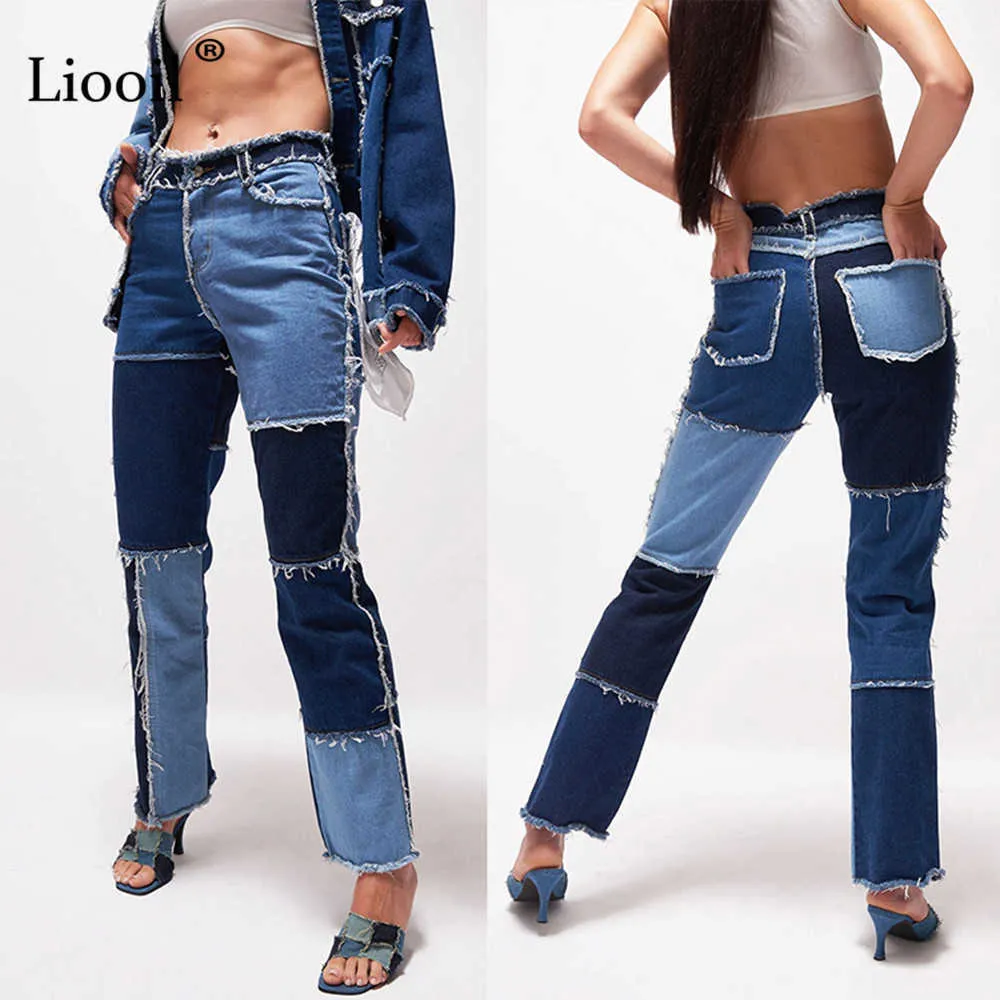 Liooil Patchwork Skinny Straight Leg Boy Friend Jeans Kvinna Hög Midja Denim Trousers Sexig Färg Block Brun Streetwear Pants 210715