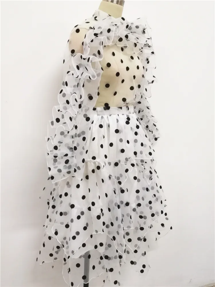 女性のブラウススカート2個セットPolkaドットスーツフリル薄い透明シャツエレガントなチューツジュープかわいいファッション夏のプラスサイズ210416