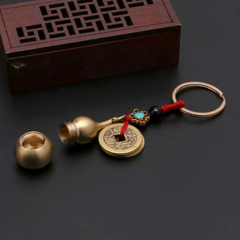 Glückskürbis-Schlüsselanhänger mit Feng Shui-Münzen, Messing-Kalebasse, Wu Lou-Anhänger, Schlüsselanhänger, X7YA G1019