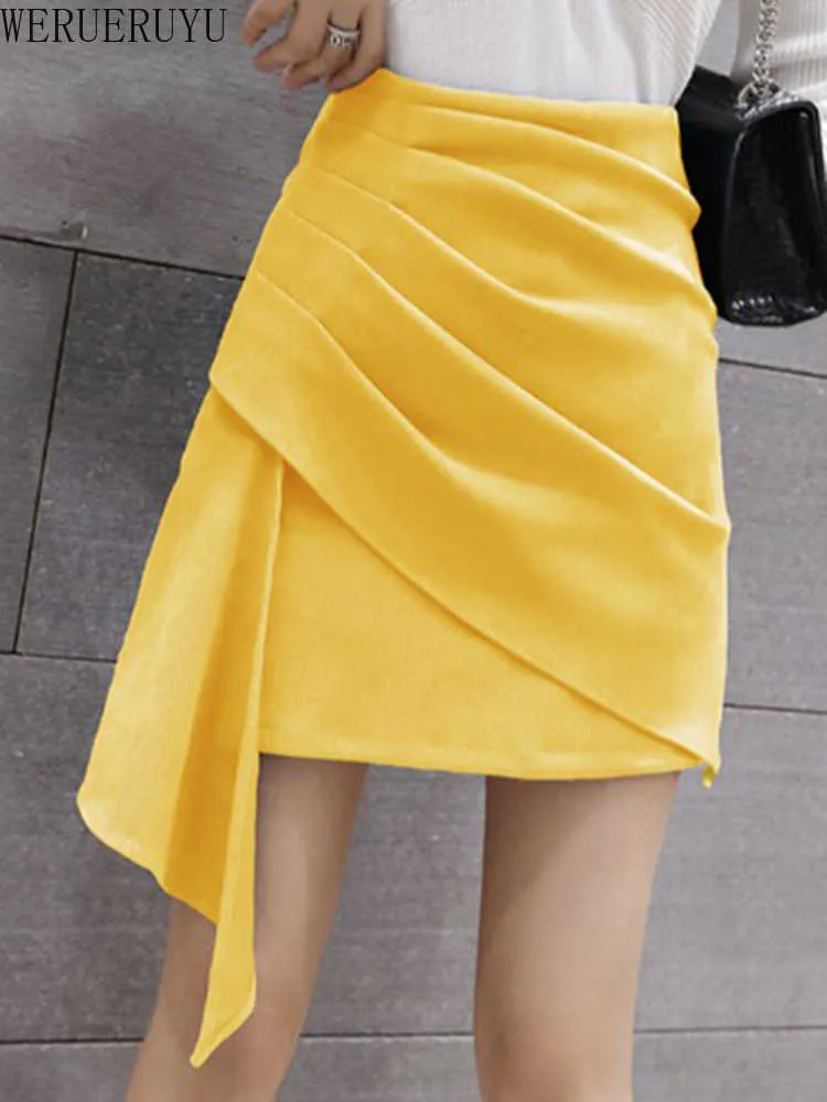 Werueruyu onregelmatige vrouwen geplooide mini-rok Koreaanse kleding Hoge taille slanke korte rokken vrouwelijke zomer elegante A-lijn 210608