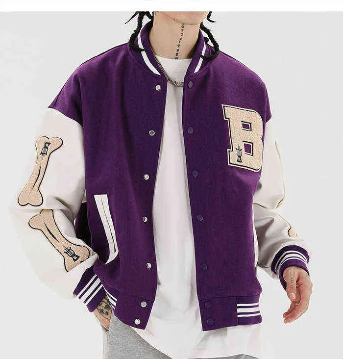 Unisex jaqueta homens casacos de beisebol casacos hip hop peludo osso bloco de cor bloco s mens harajuku streetwear Bomber 211214