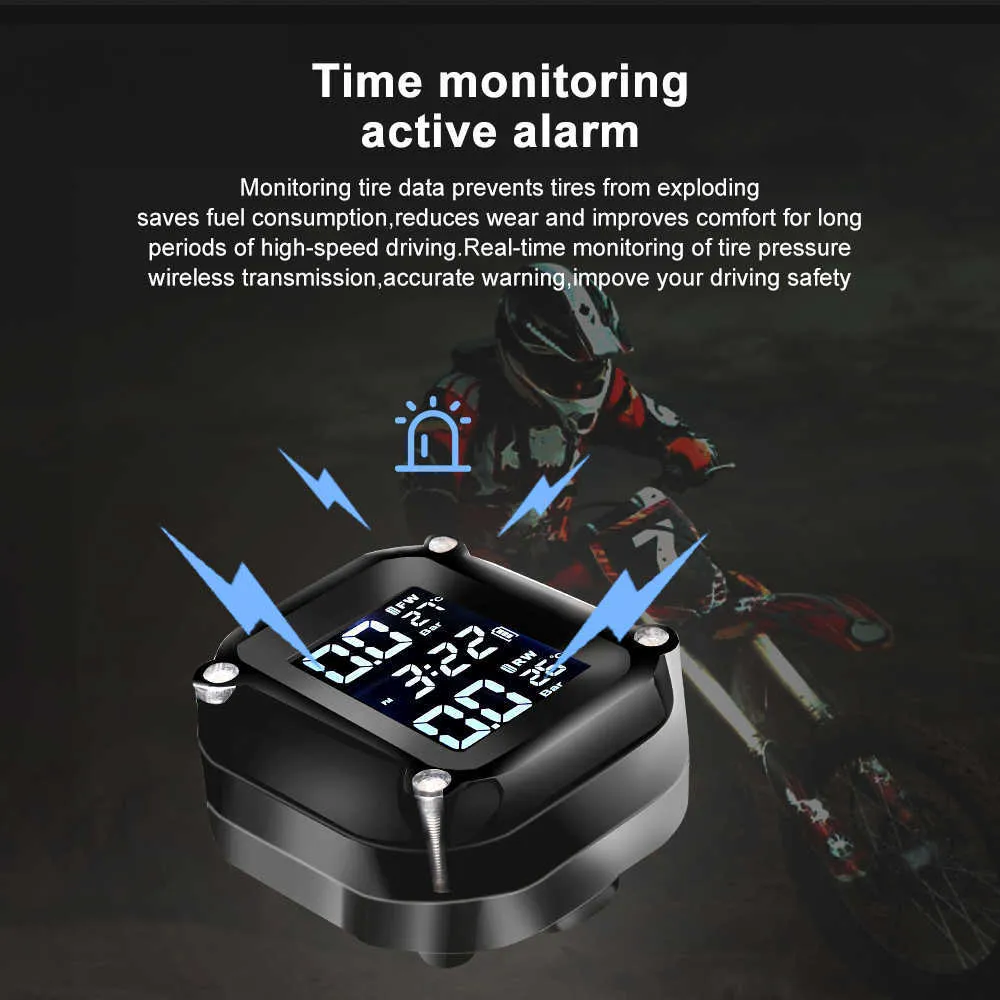 Nuovo sistema di allarme il monitoraggio della temperatura dei pneumatici della pressione dei pneumatici del motore TPMS moto con 2 sensori esterni Auto di ricarica solare USB