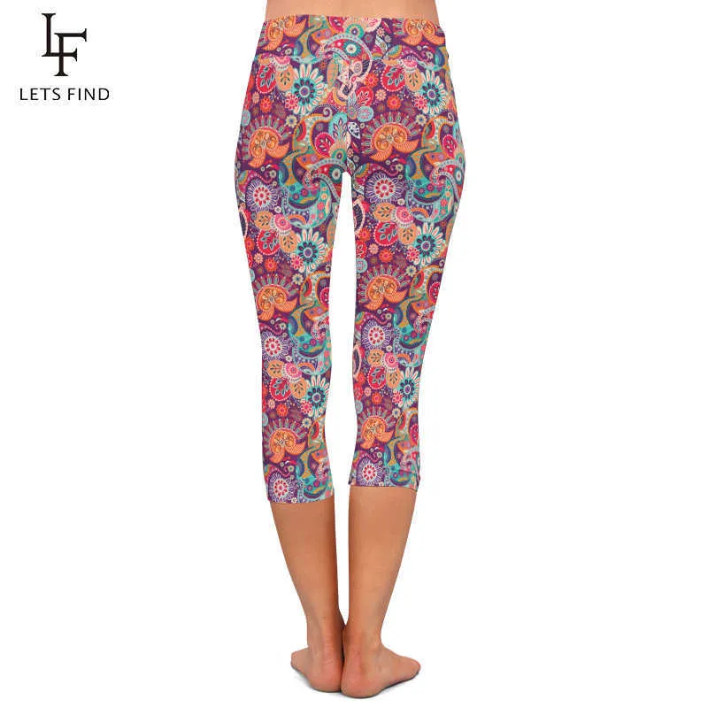 Letsfin Fashion Femmes Casual Leggings Taille haute 3D Fleurs de cajou Impression numérique Plus Taille Mi-mollet 3/4 Stretch 210925