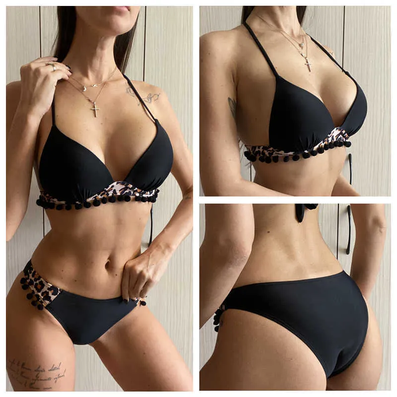 Push Up Bikini traje de baño mujer borla negro bola leopardo talla grande traje de baño verano Biquini fiesta XL 210611