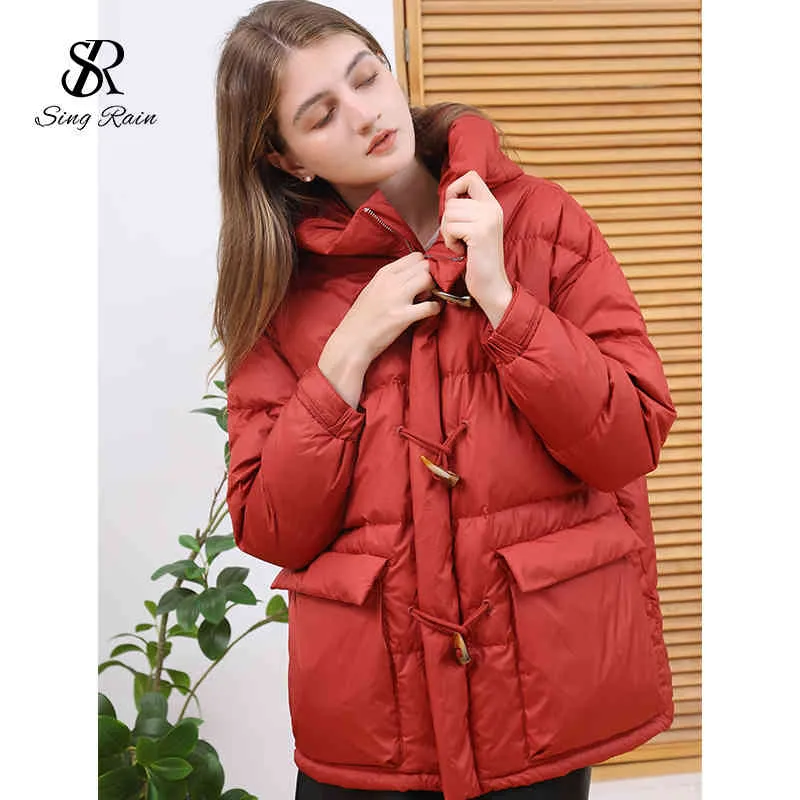 Women Thicken Hooded Down Jacket Winter Fashion Oversized Ultra Light Overcoat Horn Button White Duck Warm Down Coat 210419