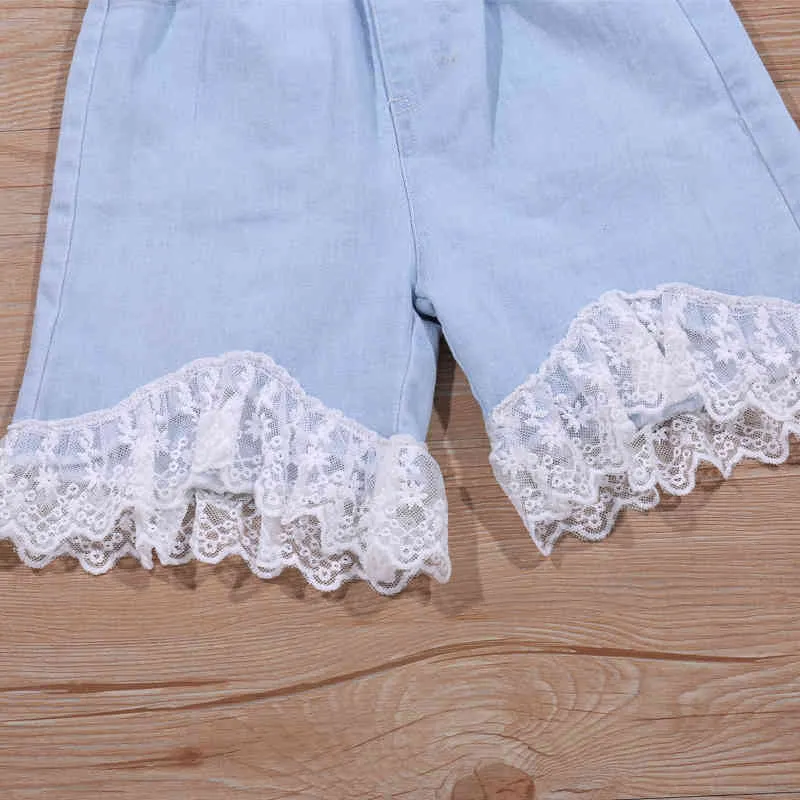 Summer Girl Clothing Sets Fashion Children Clothes Bubble Sleeve Top +Lace Stitching Denim Shorts Toddler Kids Outfits 210515