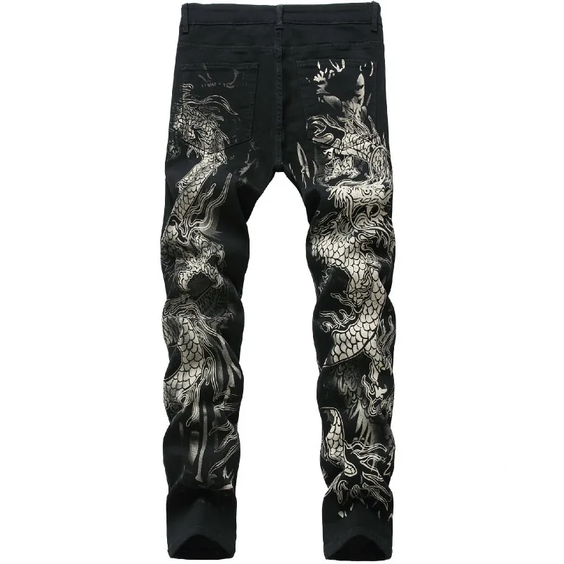 Neue chinesische trendige Drache-schwarze Röhrenjeans für Herren, Stretch, bequeme Mode, Hip-Hop-Herrenhosen, Streetwear-Druckhose 210331