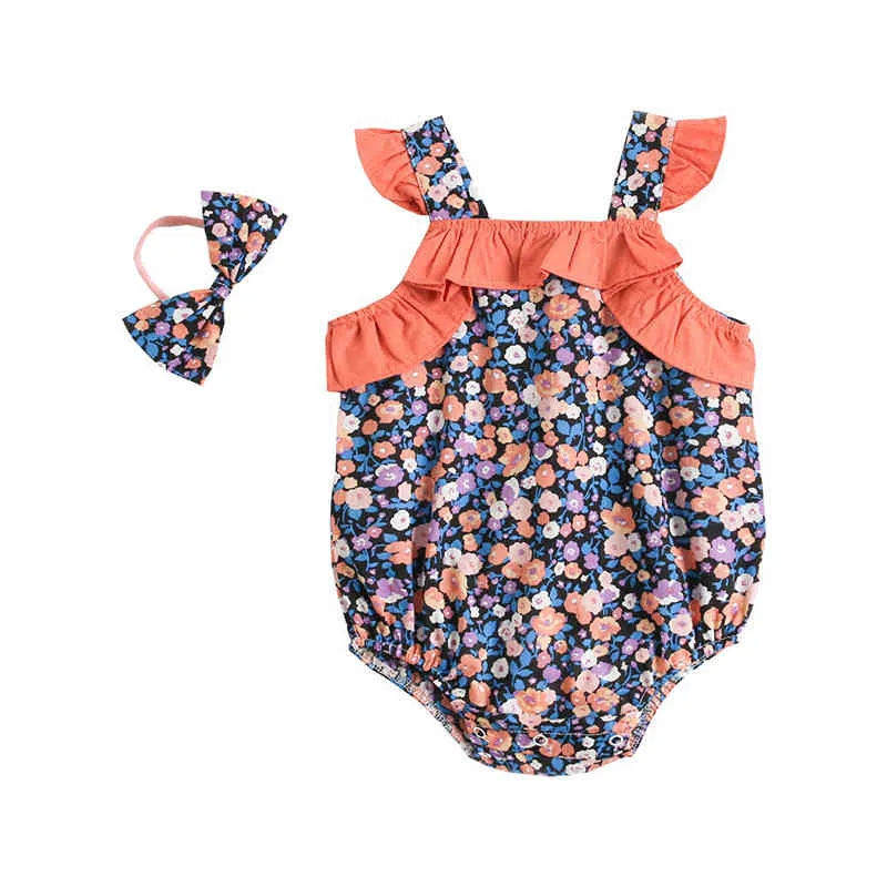 Baby meisje zomer rompertjes met boog hoofdband peuter bloem print kleding zuigeling ruches schattige romper geboren jumpsuits 210429