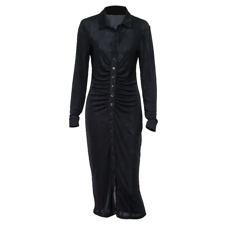 Black summer Dress Women Turndown Collar Button Long Sleeve Casual Dresses See Through Sexy party Dress Streetwear 210422