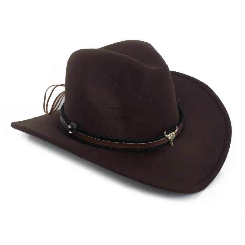 Fibonacci West Cowboy Hat Fashion Imitacja Wool Feel Metal Bull Head Dekoracja Sombrero Western Men Cap 220302