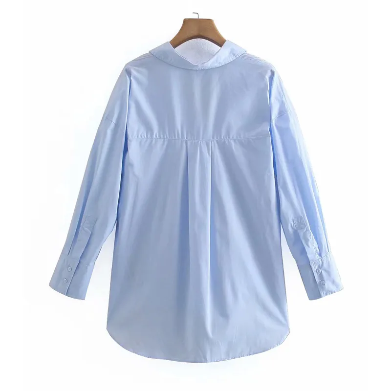 Camicia oversize in popeline blu Donna Estate Moda Streetwear Bottoni Camicie donna Manica lunga Orlo asimmetrico Top donna 210430
