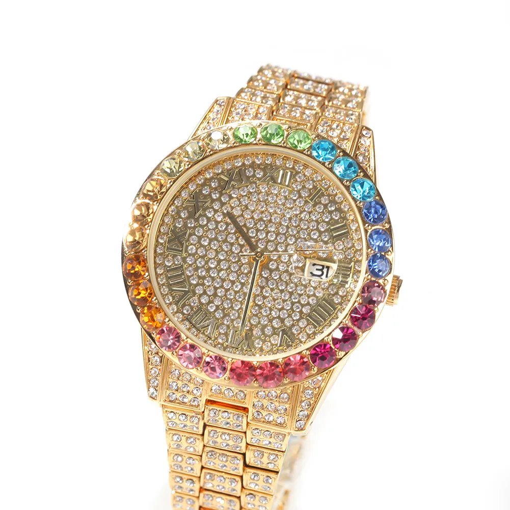 Wysokiej jakości kolorowy zegarek hip hopowy 316L Pokrywa obudowy ze stali nierdzewnej Pełna kryształowy pasek Diamond Watches kwarcowe zegarki nadgarstka raper226s