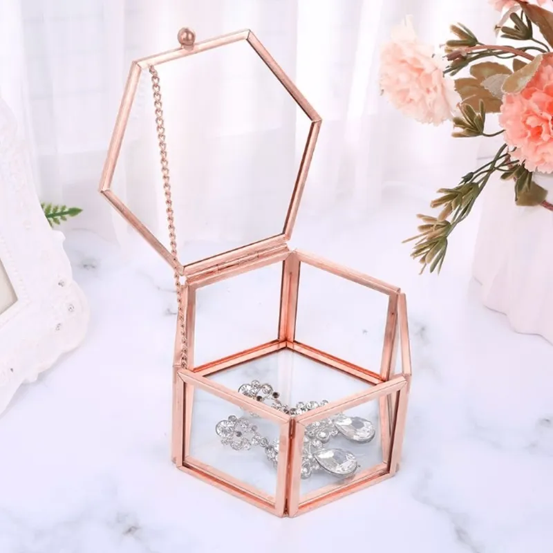 Hexagon Transparent Rose Gold Glass Ring Box Bröllop Geometrisk Smycken Arrangör