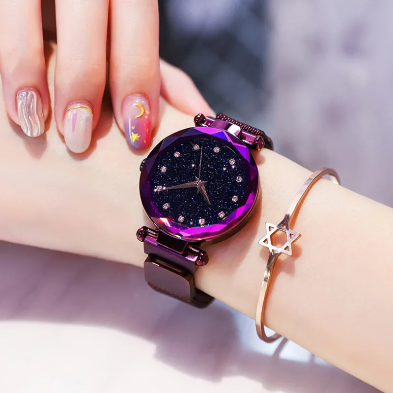 Женщины смотрят простой стиль из нержавеющей стали сетчатой ​​ремень, часы Starry Sky Luxury Fashion Diamond Quartz Watches Reloj Mujer206N