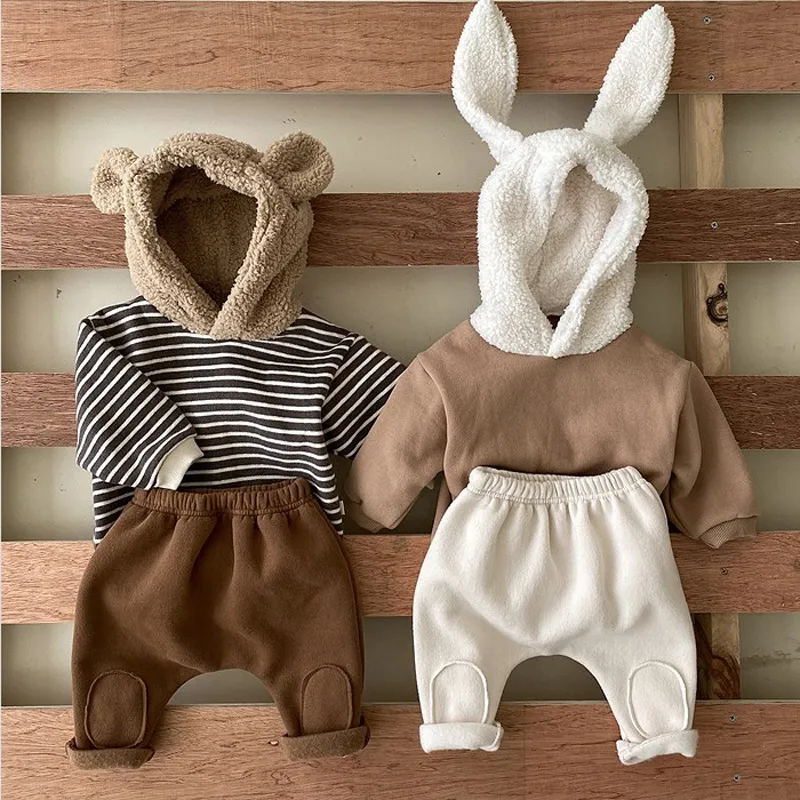 Vårbarn Barnens 2 stycke Set Baby Girls Boys Kanin Bear Cartoon Hoodies och Pant Outfits Suit för nyfödda barnkläder 210413