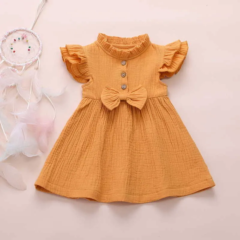 Hurtownie Summer Baby Girl Dress Bawełna Solid Colors Bow Flare Rękawy1st Urodziny Dzieci Ubrania E185 210610