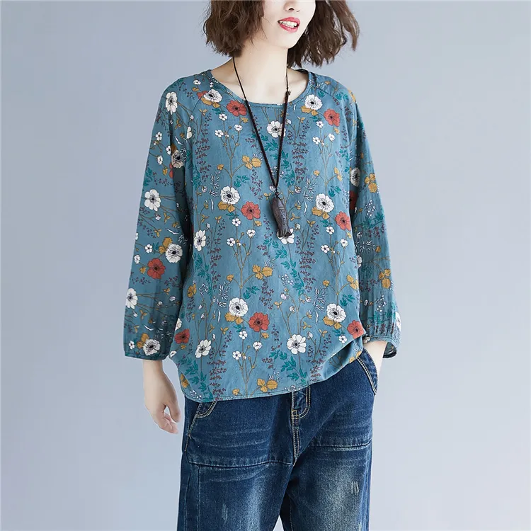 Johnature Print Blommor Kvinnor Vår Pullover T-shirts O-Neck Chinen Style Vintage Casual Original T-shirts 210521