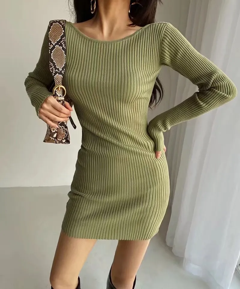 2 стиль носить старинные лук knik вязание свитер платье сексуальные дамы с длинным рукавом пакет бедер bodycon базовые платья 210429