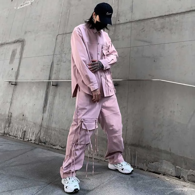 2021 Spring rosa färg långärmad tröja + lastbyxor två stycken set koreanska mode män set hip hop streetwear x0909