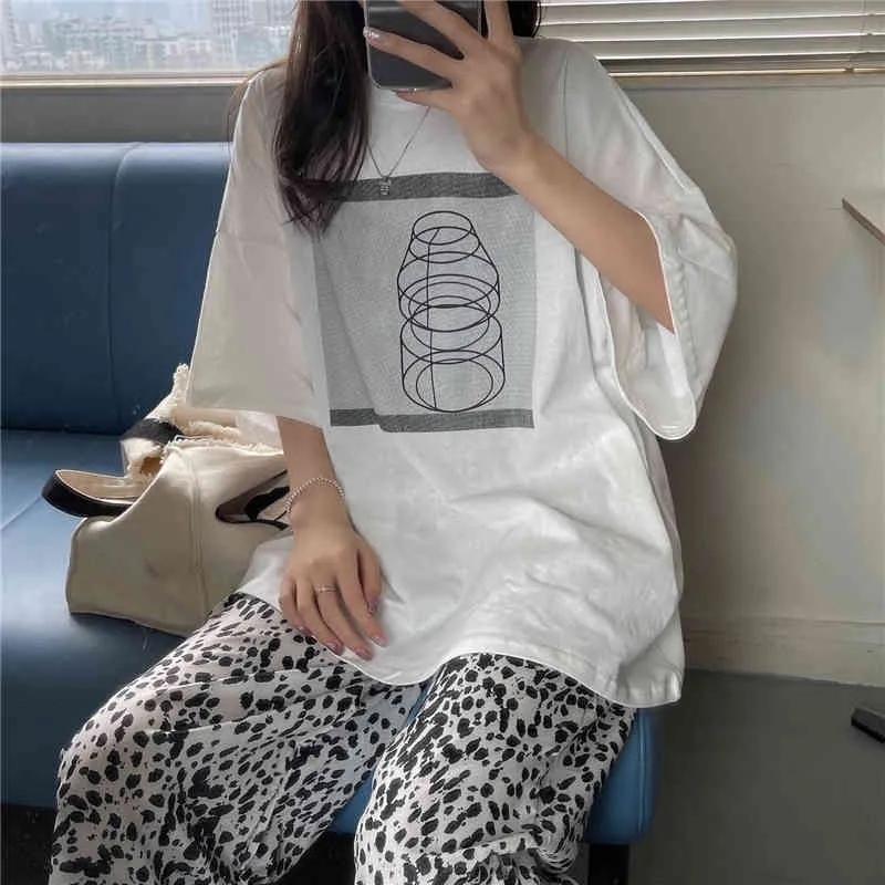 White Oversize All Match Printed Basic Girls Fashion Summer Tee Chic Short Sleeves Femme Brief Loose T-shirts 210525