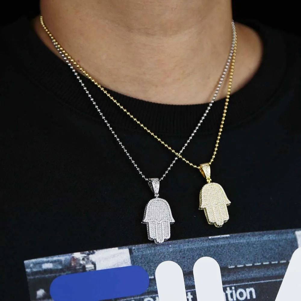 Junge Männer Fatima Hamsa Hand Anhänger Halskette Iced Out 5A Bling Kubikzircon Dünne Kette Hip Hop Geschenk Türkische Glück schmuck255b