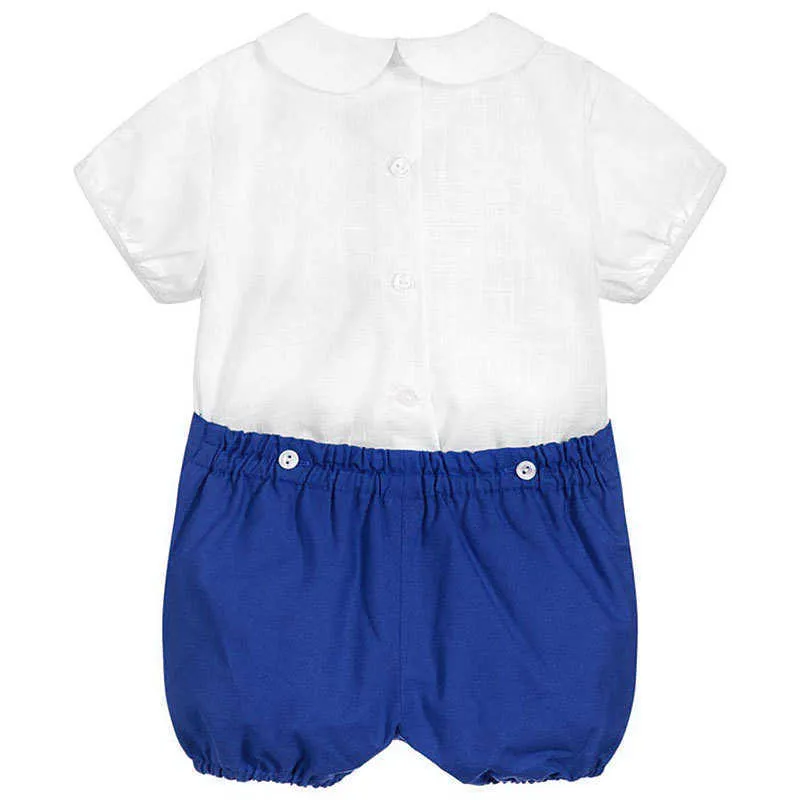 Bebek Erkek İspanyol Butik Giysileri Set Toddler Yaz Giyim Suit Çocuk Beyaz Gömlek + Kısa Pantolon Çocuklar Örgün Kıyafetler 210615