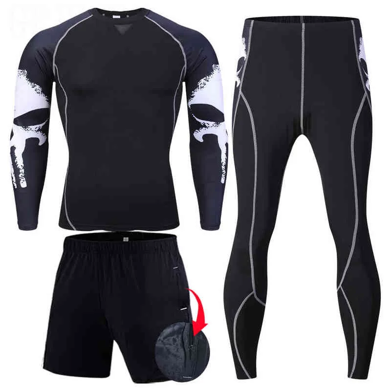 Odzież męska Zima Pierwsza Warstwa Fitness Long Johns Ciepłe koszulki Legginsy 3 sztuki Dres Mężczyźni Thermal Bielizna Plus Size Set 211211