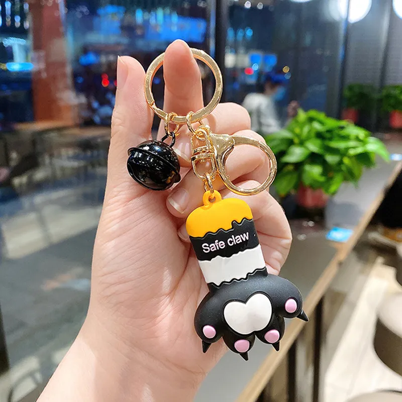 Kawaii Cat Claw Pingente Keychain Cool PVC Animal 3d Paw Ligloy Bell Dangle Keyring Jeia