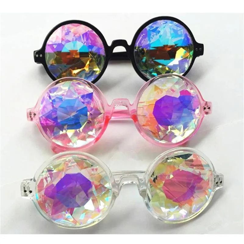 Lunettes de soleil e de lunettes rondes claires Kaléidoscope Lunettes Crystal Lens Party Rave Femme Homme Queen Gifts291T