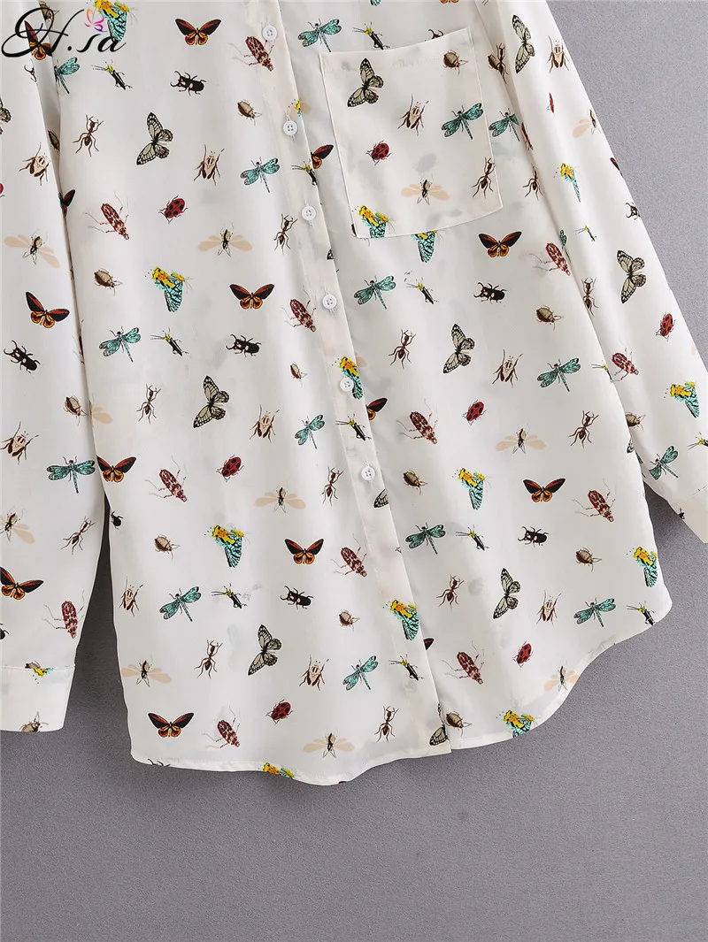 H.SA Birds Print T Shirts 35% bomull Kvinna Mode Vår Sommar Loose Casual Ladies Shirt Butterfly Toppar Vit 210417