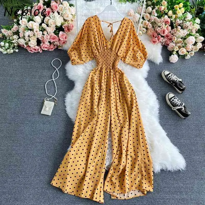 NEPLOE VAKANTIE PRINT DOT VAKANTIE JUMPSUITS Dames Hoge Taille Hip Plooid Wide Leg Bodysuits V-hals Korte Mouw Losse Bodysuits 210423