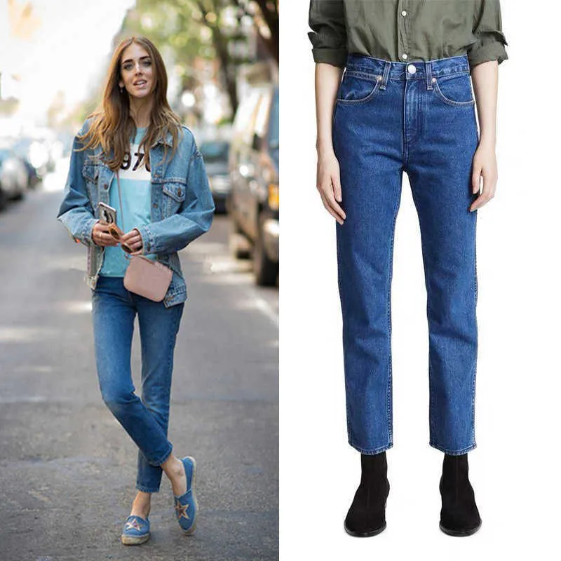 Jeans femme tissu spécial RB jean court taille haute bleu foncé femme lâche petit tube droit élastique gratuit mince