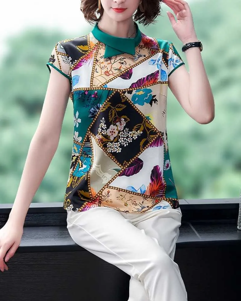 Camiseta de seda de verano para mujer, camisetas elegantes de manga corta con estampado de temperamento para mujer 210531
