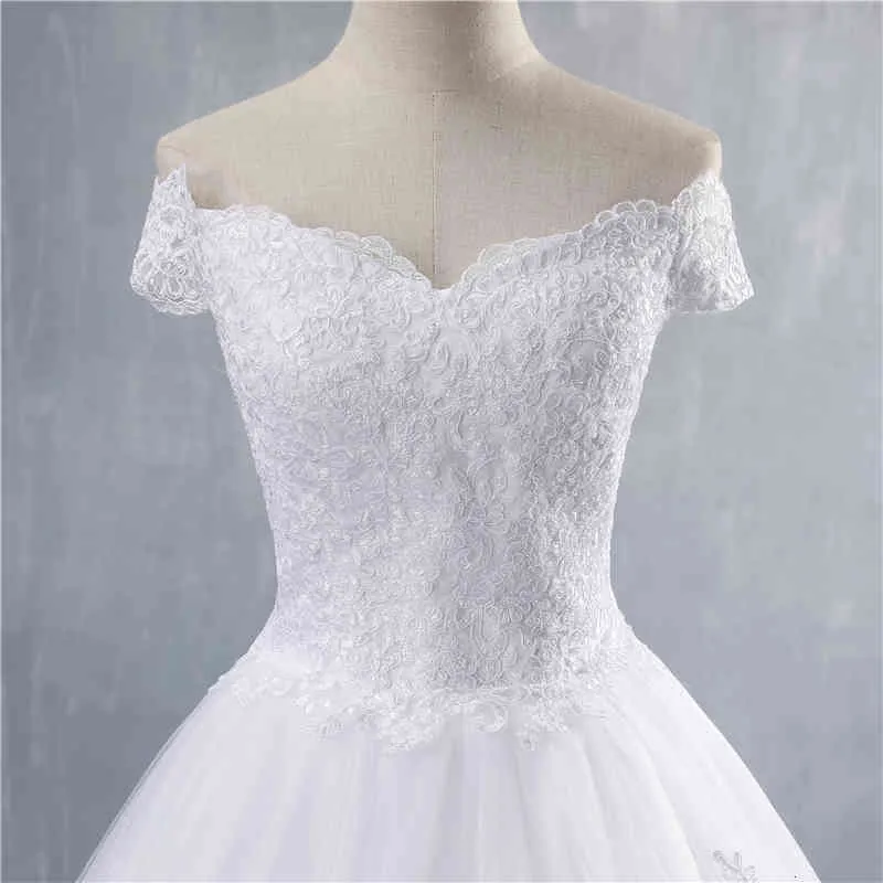 ZJ9143 blanc ivoire dentelle Appliques robe de bal pas cher hors de l'épaule manches courtes robe de mariée robes de mariée 223k