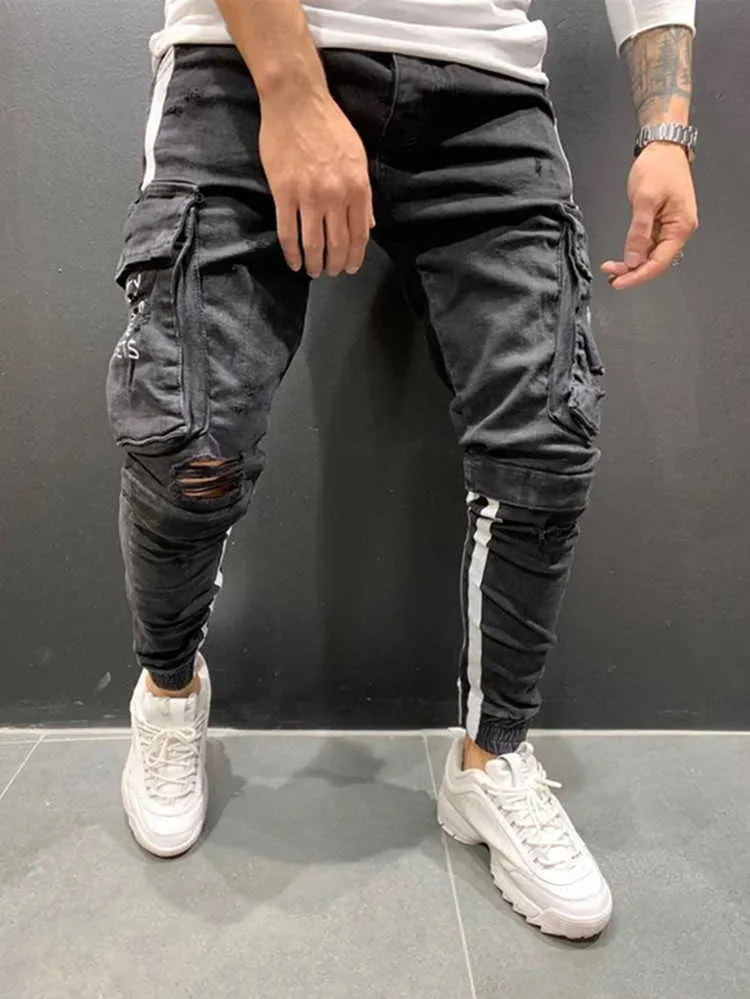 Mode herrar jeans autunn tredimensionella stora fickor vertikal splits penna byxor casual lösa gata motorcykel byxor x0621