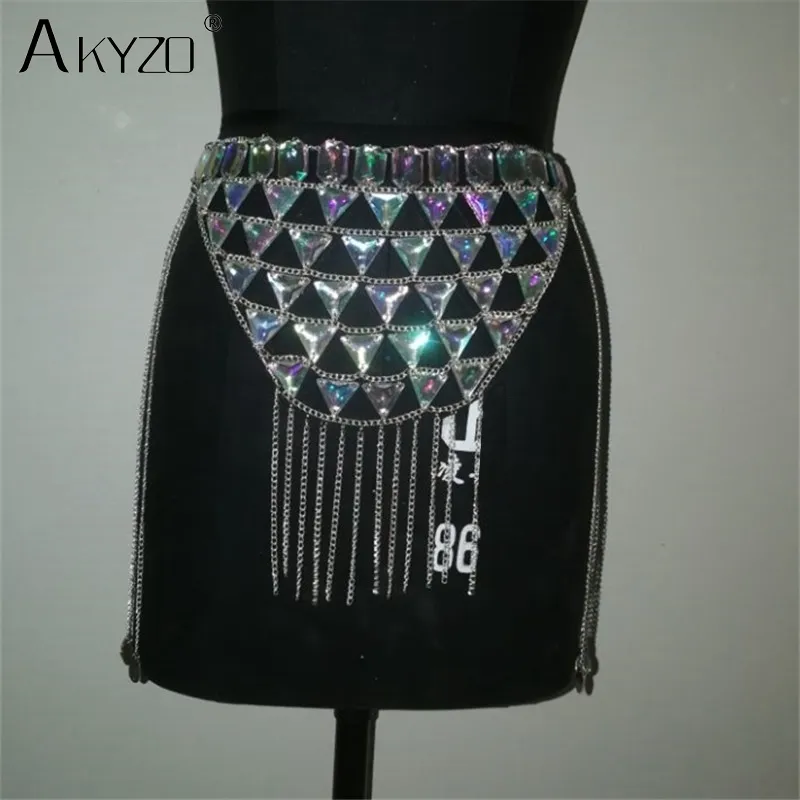 Akyzo Crazy Crystal Sequin Women Sets Roliga Festival Outfits Handgjorda Patchwork Metal Tassel Chain Crop Top Women's Set 220302