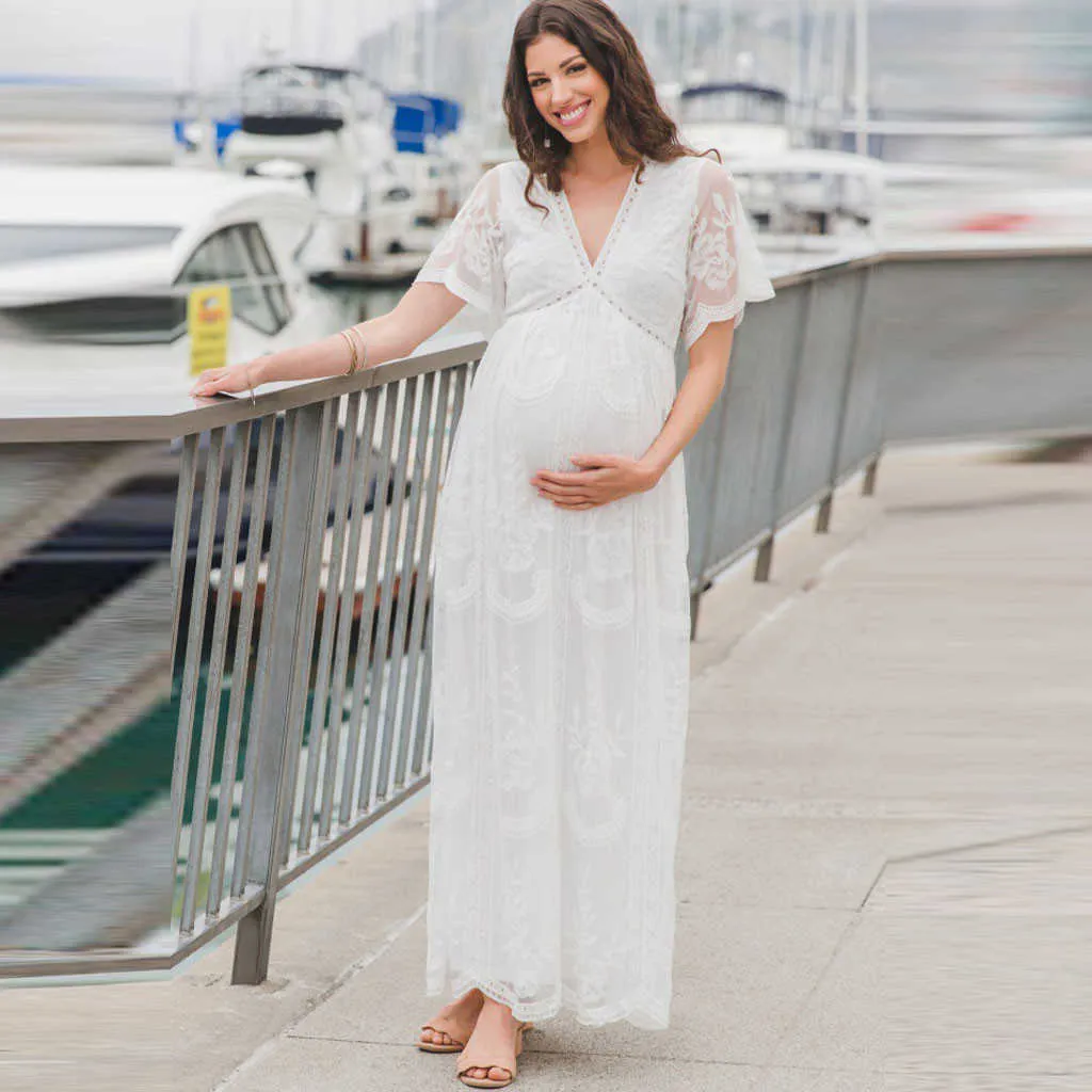 Ny mode moderskapsklänning kvinnor gravida sexig fotografering rekvisita kort ärm moderskap solid spets lång klänning konst fotoklänning