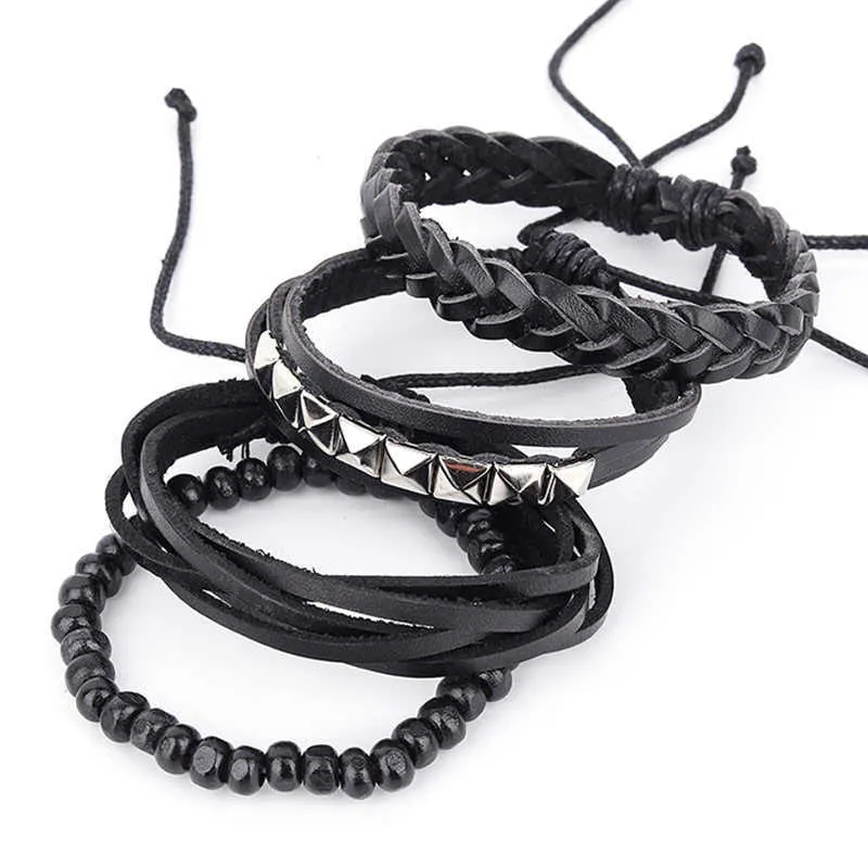 Bracelets En Cuir Bracelets pour Hommes Vapeur Punk Bois Chaîne Perlée Bracelets Bracelets Homme En Gros Bijoux Faits À La Main Q0719