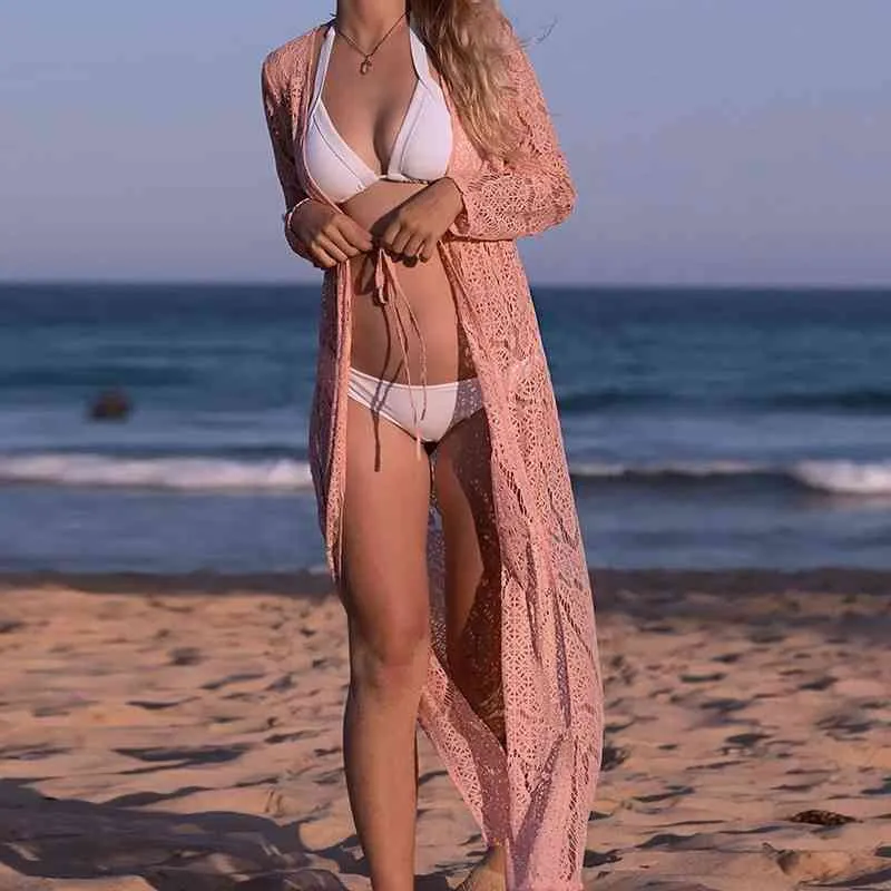 Sexig strand täcker upp Virka spets Rosa Badkläder Klänning Dam Tunikor för Kaftan Kvinnor har sagt de Praia # Q286 210420