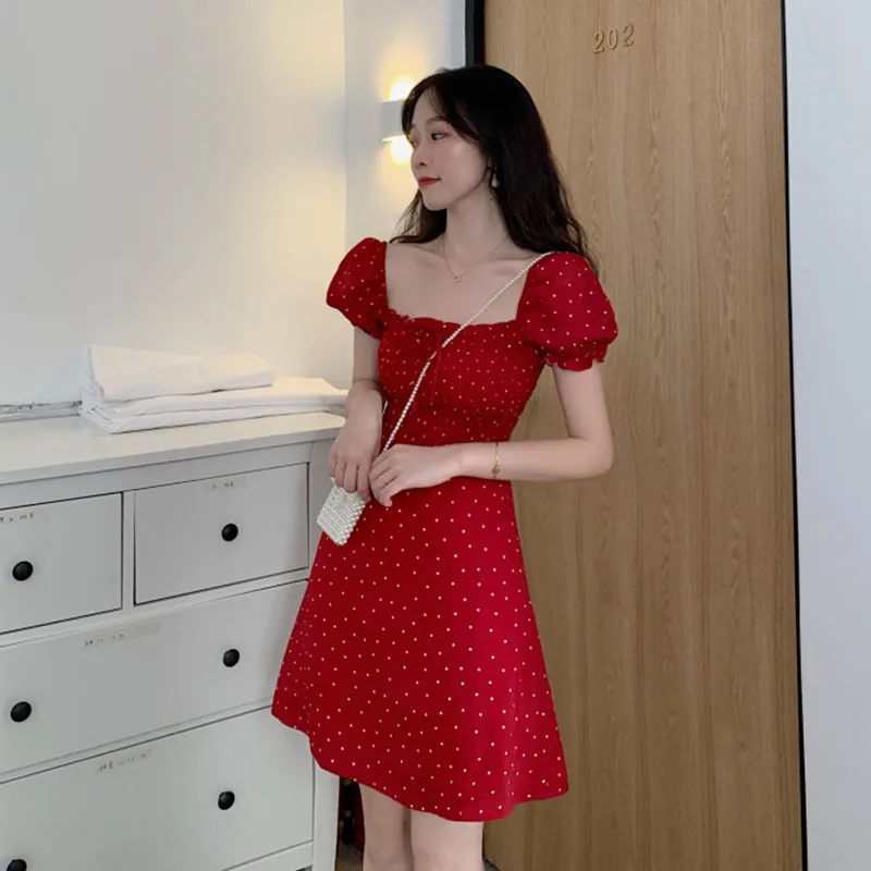 Polka Dot Vintage Frauen Kleid Hohe Taille Mode Vestidos Rot A-linie Frühling Sommer Kleider Koreanische Quadrat Kragen 15628 210415