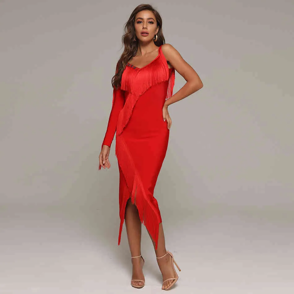 Summer Women Red Tassel Bodycon Bandaż Dress Sexy Spaghetti Strap Midi Club Celebrity Runway Party Vestido 210423