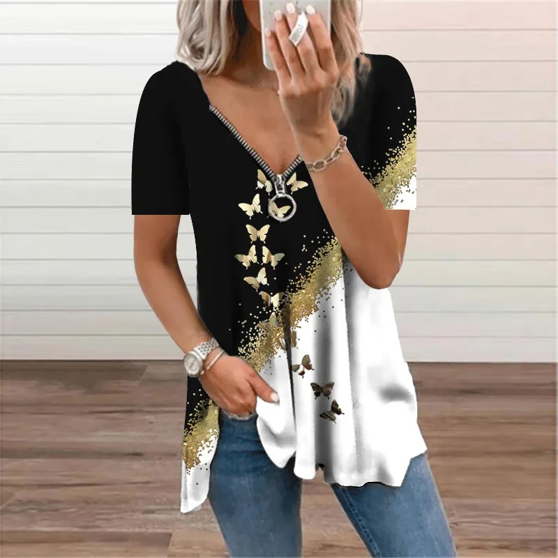 T-shirt da donna con cerniera stampa oversize manica corta con scollo a V Top Tee estate abbigliamento donna casual pullover allentato tunica 220304