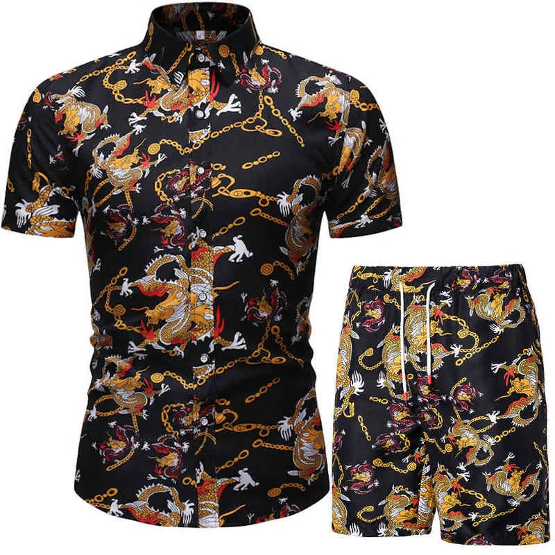 2021 Zomer Nieuwe Heren Casual Pak Koreaans Slanke Shirt Shortshirt Shorts Mens Beach Suit 2 Stuk Set G1209