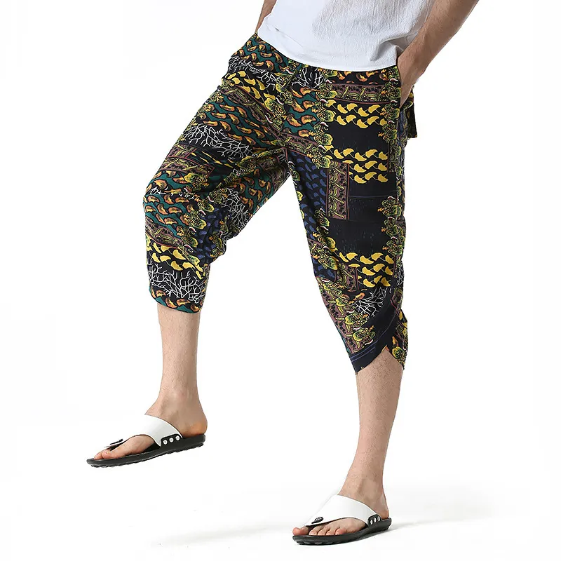 Mens Trousers Linen Calf-Length Print Pants Men Hawaiian Baggy Harem Pants Casual Breathable Harajuku Streetwear 210524