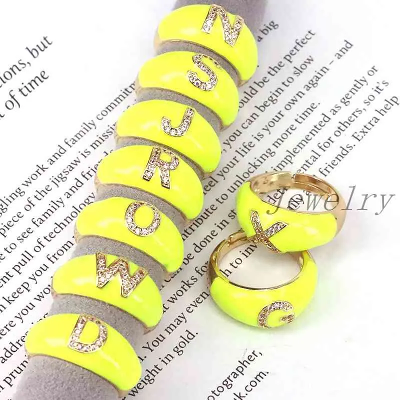 5 pezzi di smalto giallo con 26 lettere dell'alfabeto, anello a fascia le donne, nome CZ, 2021, gioielli con dita, feste, moda