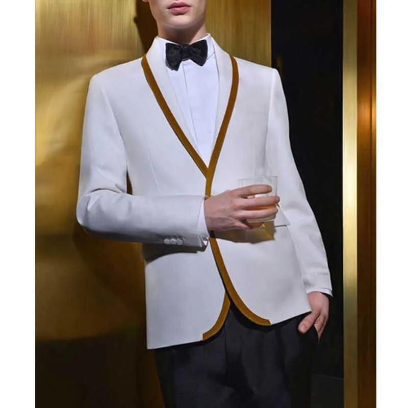 ホワイトグルーグラウマータキシードのゴールドトリムラペルのためのウェディングプロム2ピーススリムフィット男性スーツ最新コートパンツニューオスファッションコスチュームx0909