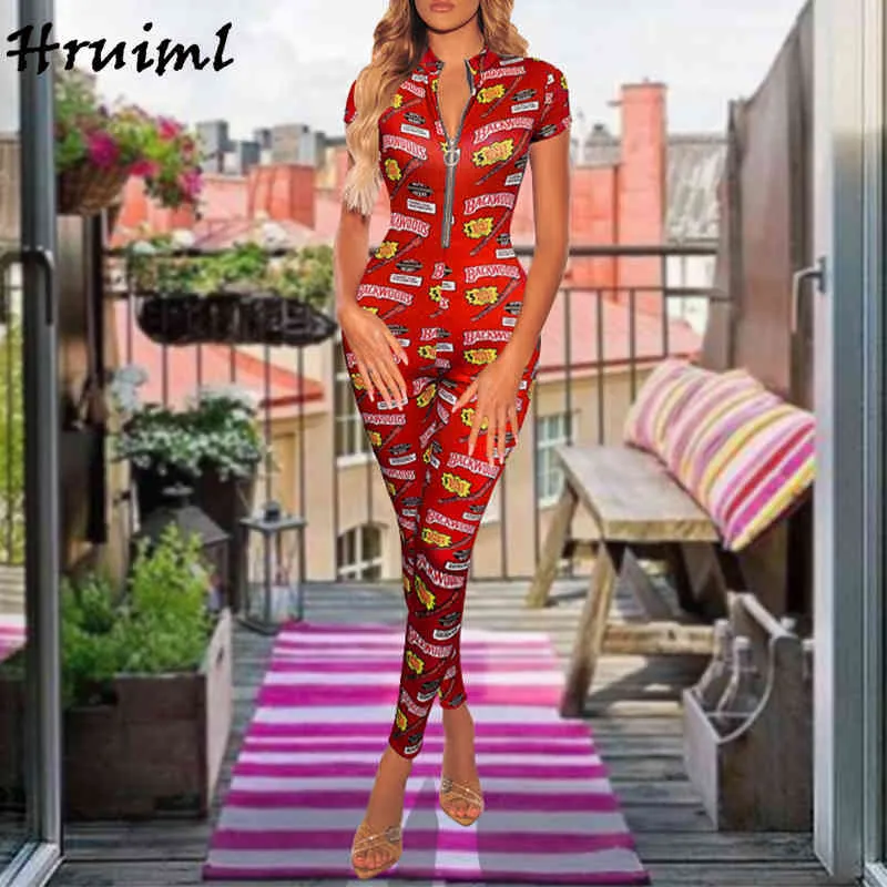 Overall Herbst Kleidung für Frauen Mode Sexy Sommer Print Strampler Kurzarm Zipper Bodysuit Overalls Outfits 210513