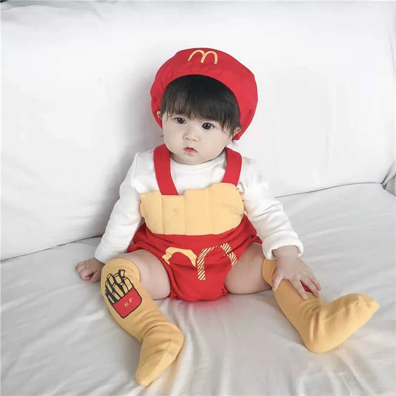 Nyfödda babykläder Franska pommes frites Cosplay Halloween Clothes Christmas Boys Rompers barndräkt för tjej tacksägelse 9 12 månad Q4042075