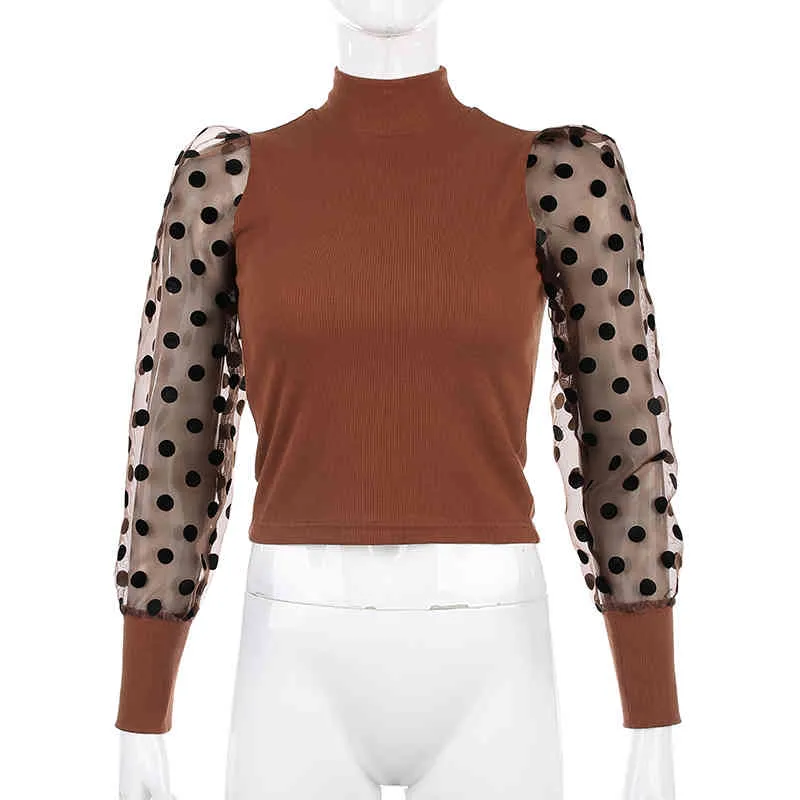 Brown Ribbed Knit Y2K Vintage Polka Dot Siatka Z Długim Rękawem Łatlona Femme Moda Damskie Koszulki Harajuku Turtleneck Top Tee 210510