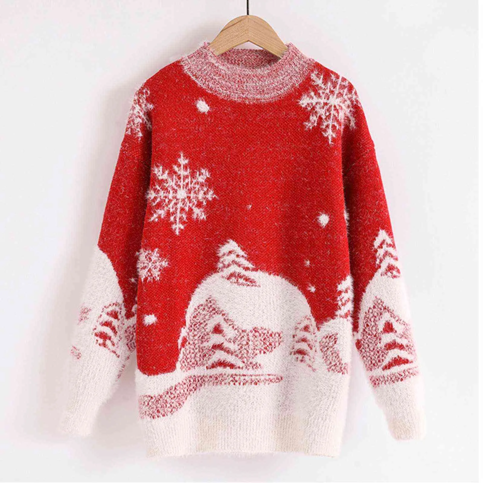 여성 스웨터 크리스마스 스노우 드리프트 패턴 라운드 넥 긴 소매 니트 스웨터 가을 겨울 패션 느슨한 니트 풀오버 Y1110